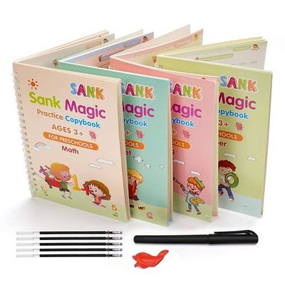 Magic Practice Copybook, (4 BOOK + 10 REFILL+ 2 pen +2 grip) Number Tracing Book for Preschoolers with Pen, Magic Calligraphy Copybook Set Practical Reusable Writing Tool Simple Hand Lettering Board