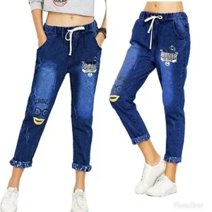 Printed blue denim jeans for women.